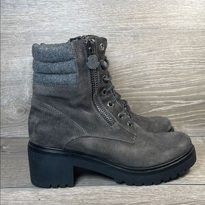 Moncler Viviane Dark Gray Suede Women’s Sz 8/EU 38 Double Zip Heeled Combat Boot